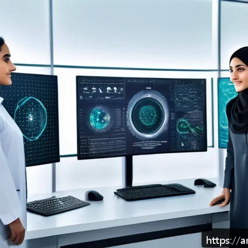 신경망 아키텍처의 고급 기술 동향 - A high-tech futuristic laboratory scene set in a Middle Eastern research center, featuring diverse A...