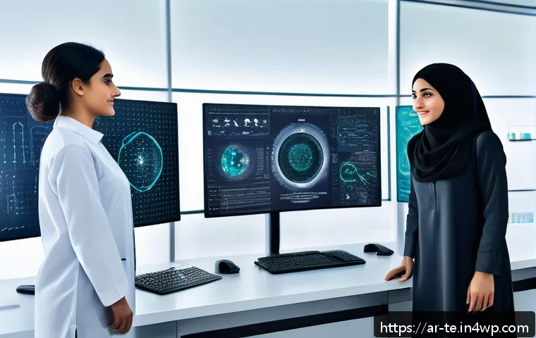 신경망 아키텍처의 고급 기술 동향 - A high-tech futuristic laboratory scene set in a Middle Eastern research center, featuring diverse A...