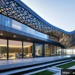모델의 복잡성과 아키텍처 간의 관계 - A futuristic commercial building showcasing complex geometric architecture with interwoven curved an...