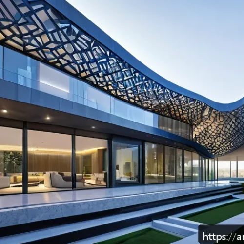 모델의 복잡성과 아키텍처 간의 관계 - A futuristic commercial building showcasing complex geometric architecture with interwoven curved an...