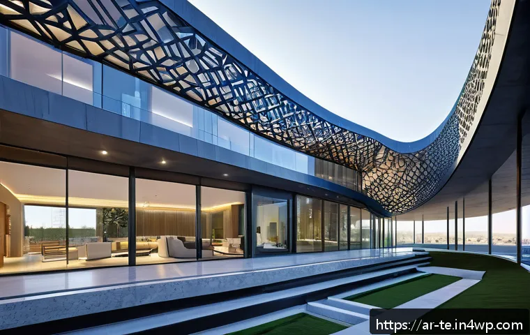 모델의 복잡성과 아키텍처 간의 관계 - A futuristic commercial building showcasing complex geometric architecture with interwoven curved an...